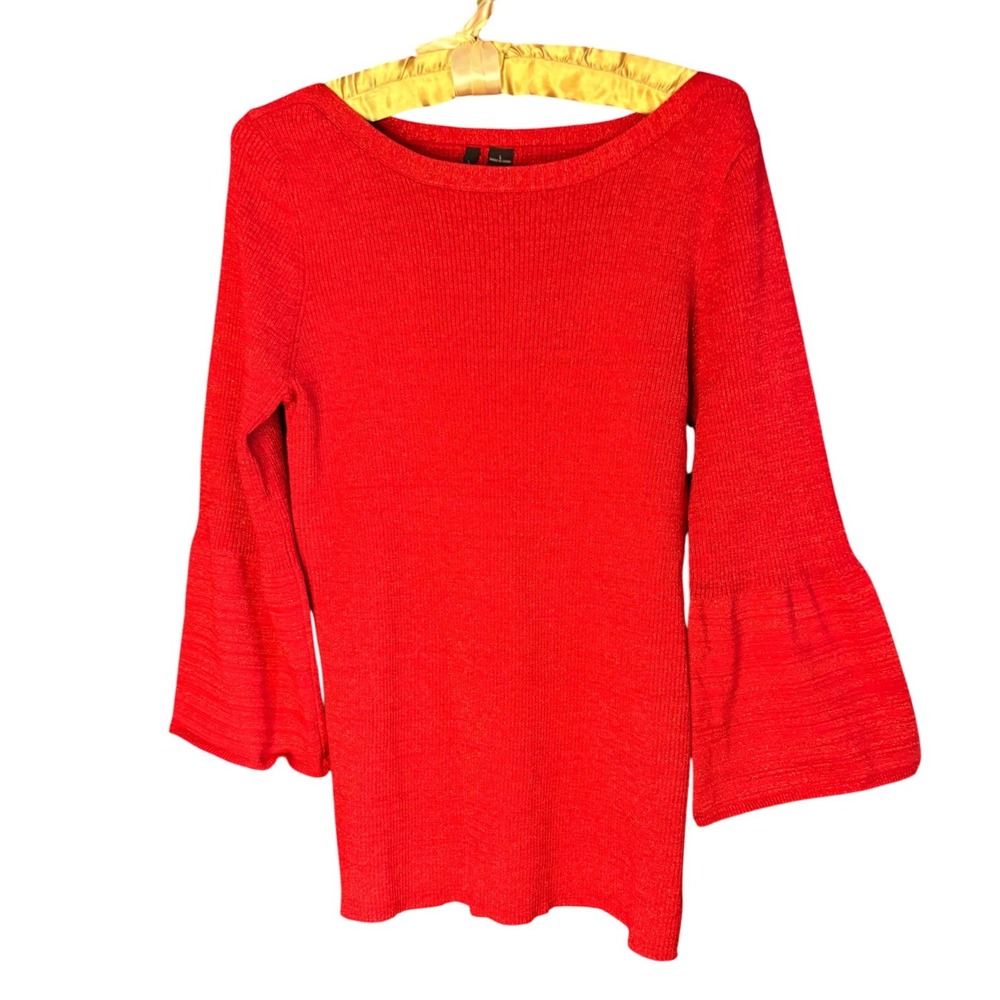 New Directions‎ Red Metallic Ribbed Bell Sleeve Boat Neck Sweater Top Large
